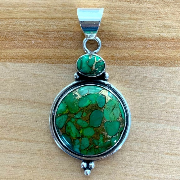 Green Copper Turquoise Solid 925 Sterling Silver Pendant - Picture 1 of 4